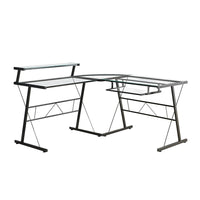 Monarch Specialties 7172 Computer Desk - Black Metal Corner With Tempered Glass-This contemporary, gaming-style L-shaped computer desk is finished on all sides in a sleek, clear tempered glass with black metal accents, and joined with a rounded glass corner piece.