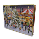 Grandma Wild's Christmas Market Scene Embossed Tin with Assorted Biscuits (600g)-Assortment of delectable biscuits including chocolate chip, stem ginger & lemon, all butter shortbread, and clotted cream chocolate chip shortbread biscuits, cookies, providing something for everyone to enjoy.