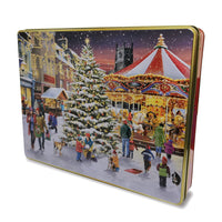 Grandma Wild's Christmas Market Scene Embossed Tin with Assorted Biscuits (600g)-Assortment of delectable biscuits including chocolate chip, stem ginger & lemon, all butter shortbread, and clotted cream chocolate chip shortbread biscuits, cookies, providing something for everyone to enjoy.