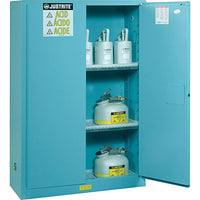 Justrite Sure-Grip Ex Acid/Corrosive Storage Cabinets, 2 Doors, Self-Closing, 43" x 18" x 65"-Poly liners on shelves and poly sump liner are removable for easy cleaning