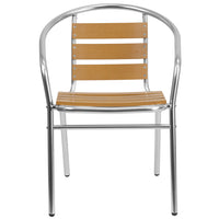 Chaise empilable de restaurant commerciale d'intérieur-extérieur en aluminium avec dossier à trois lattes en faux teck-Ensemble de 4 chaises de café empilables