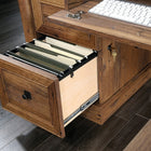 Sauder 69"W Palladia L-Desk - Vintage Oak-Storage area behind door holds vertical CPU tower and has an adjustable shelf