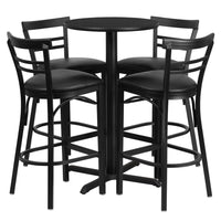 Flash Furniture 24" Round Black Laminate Table Set with X-Base & 4 Two-Slat Ladder Back Metal Barstools - Black Vinyl Seat-Bar Height Table and Stool Set
