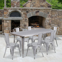 Flash Furniture 31.5'' x 63'' Rectangular Silver Metal Indoor-Outdoor Table Set with 6 Stack Chairs (ET-CT005-6-30-SIL-GG)-Galvanized Steel, Metal, Rubber