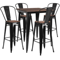 Flash Furniture 31.5" Square Black Wood Top Metal Bar Table Set and 4 Stools-Black/Galvanized Steel, Metal, Plastic, Rubber, Wood