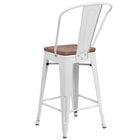 Flash Furniture - Tabouret à hauteur de comptoir de 24 po en métal blanc avec dossier et siège en bois-Siège en bois d'orme texturé noyer