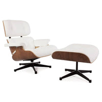 Nicer Furniture Modern Classic Lounge Chair & Ottoman Set - White/Rosewood-Upholstered in 100% full-grain Italian Aniline Leather imported from Italy, the highest grade and most expensive leather available, only 5% of the world's leather falls into this category.