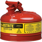 Justrite Type I Safety Cans without Funnel, 1 Gal, 9 1/2" x 11", Red-Compliant Type I Safety Cans are designed with a single spout for filling and pouring of all types of flammable liquids