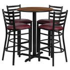 Flash Furniture 30" Round Walnut Laminate Table Set with X-Base & 4 Ladder Back Metal Barstools - Burgundy Vinyl Seat-Bar Height Table and Stool Set
