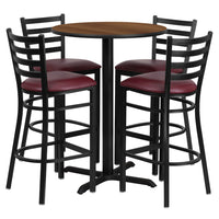 Flash Furniture 30" Round Walnut Laminate Table Set with X-Base & 4 Ladder Back Metal Barstools - Burgundy Vinyl Seat-Bar Height Table and Stool Set