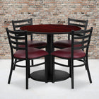 Flash Furniture 36" Round Mahogany Laminate Table Set with Round Base & 4 Ladder Back Metal Chairs - Burgundy Vinyl Seat-Set Includes 4 Chairs, Round Table Top and Round Base
