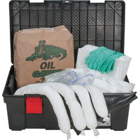 Zenith Safety 31-Gallon Tool Box Spill Kits, Oil Only, With Storage Container-Contents: 25 Sorbent pads (15" x 17") , 4 Sorbent socks (3" x 48') , 5 Sorbent pillows (8" x 18") , 1 Bag of Oil Gator 30-lb , 1 Drain cover 36" x 36", 2 Pairs nitrile gloves 2XL (11) , 2 Pairs safety goggles (one size), 3 Disposal bags (26" x 36")