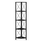 Monarch Specialties 3650 60"H Bookcase - Black Marble/Black Metal Corner-This corner shelf features a three-leg black metal frame, allowing it to sit tight against the wall