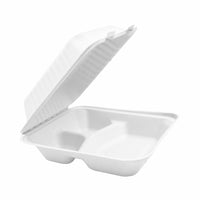 Globe Commercial Products 8" W x 8" D x 3" H Fibre Hinged Lid Bagasse Container - 3 Compartment - 200 Pack-Hinge container square takeout container with 3 compartments