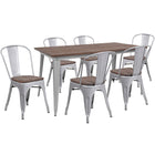 Flash Furniture 30.25" x 60" Silver Metal Table Set with Wood Top and 6 Stack Chairs-Silver/Galvanized Steel, Metal, Plastic, Rubber, Wood