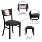 Chaise de restaurant à structure d’acier noire, dossier ajouré en noyer, siège en vinyle noir (XUDG6G5WALKV)-Mousse ignifuge CA117