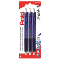 Pentel Feel-It! Retractable Ballpoint Pen - 0.7mm - Blue Ink - 3 Pack-Ballpoint