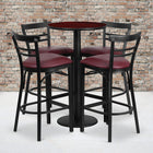 Flash Furniture – Table ronde de 24 po, dessus stratifié acajou, base ronde et 4 tabourets en métal, siège en vinyle bourgogne-Ensemble comprenant 4 tabourets de bar, une surface de table ronde et une base ronde