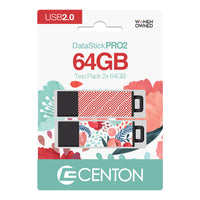 Centon Datastick Pro2 64 GB USB 2.0 Flash Drives - Garden Party + Abstract Red - 2 Pack-64 GB storage capacity