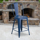Tabouret à hauteur de comptoir pour l'intérieur et l'extérieur de 24 po haut. en métal bleu antique vieilli avec dossier-Renfort transversal sous le siège pour plus de stabilité
