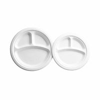 Globe Commercial Products 10" Round Fibre Bagasse Compostable Plate - 3 Compartment - 500 Pack-White Bagasse (100% sugarcane fibre)