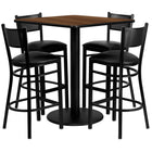 Flash Furniture 36'' Square Walnut Laminate Table Set with Round Base and 4 Grid Back Metal Bar Stools, Black Vinyl Seat-Black Powder Coated Chair and Table Frame