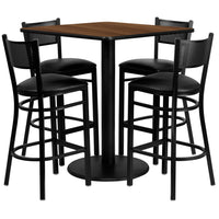 Flash Furniture 36'' Square Walnut Laminate Table Set with Round Base and 4 Grid Back Metal Bar Stools, Black Vinyl Seat-Black Powder Coated Chair and Table Frame
