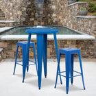 24'' Round Blue Metal Indoor-Outdoor Bar Table Set with 2 Square Seat Backless Barstools (CH-51080BH-2-30SQST-BL-GG)-24"W x 24"D x 41"H