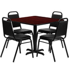 Flash Furniture 36'' Square Mahogany Laminate Table Set with X-Base and 4 Black Trapezoidal Back Banquet Chairs-Table and Chair Set
